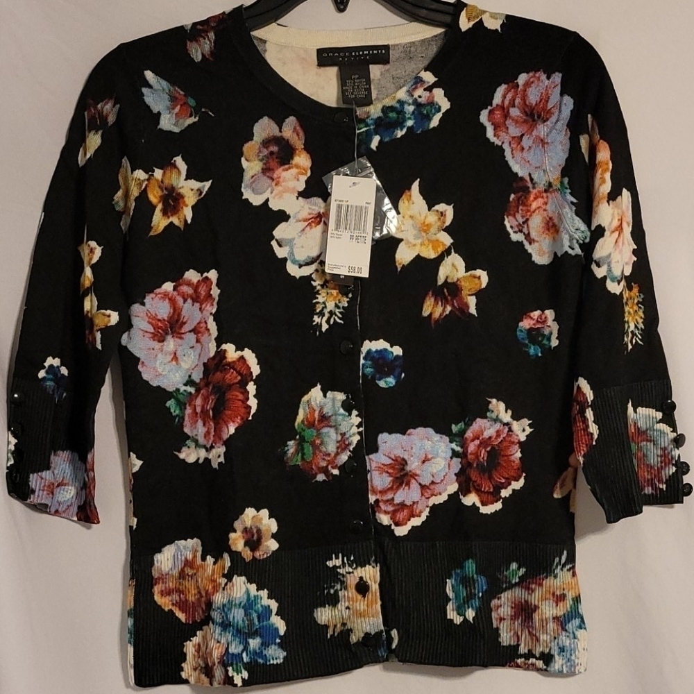 Grace Elements Floral 3/4 Sleeve Cardigan Sweater